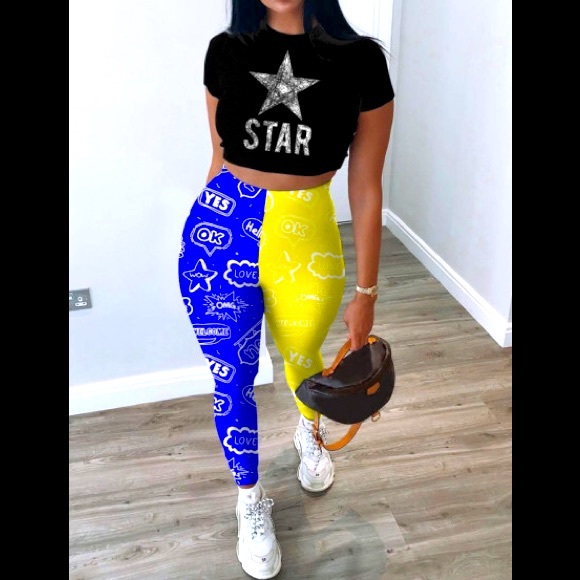 ⭐️STAR⭐️Crop Short Sleeve T-Shirt & 2 Tone Graffiti Print Legging Outfit - Picture 2 of 2